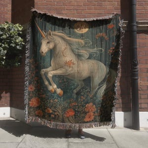Fantasy Unicorn Tapestry Blanket, Moon Castlecore Woven Wall Hanging, Floral Medieval Tapestry, Mythical Creature Gothic Decorative Throw
