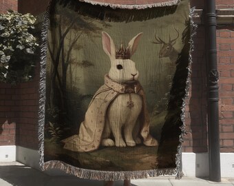 Royal Rabbit in Coat Woven Blanket; Woodland Surreal Animal Wall Tapestry; Medieval Fairytale Throw