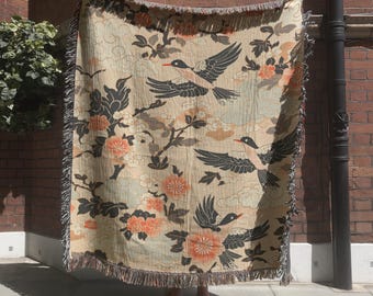 Floral Chinoiserie Woven Blanket, Japanese Chinoiserie Wall Hanging, Botanical Nature Tapestry with Birds, Asian Design, Boho Home Decor