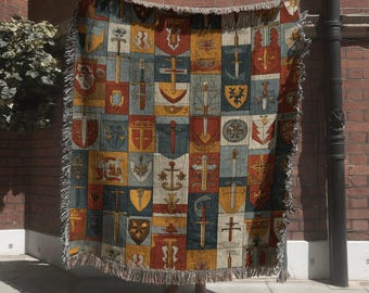 Medieval Shield Pattern Woven Blanket; Coats of Arms Tapestry with Sword