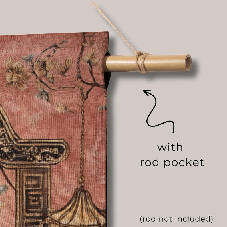 May include: A wall hanging with a rod pocket, featuring a vintage-style design in shades of red, brown, and gold. The fabric displays floral and architectural elements. A bamboo rod is attached with twine. Text: with rod pocket (rod not included).