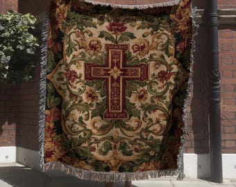 Cross Tapestry with Floral Ornate Print; Religious Christian Woven Blanket