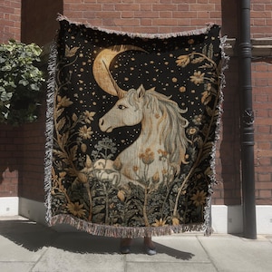 Celestial Unicorn Tapestry, Medieval Fantasy Woven Blanket, Mythical Creature Wall Hanging with Embroidery Design, Magical Fairytale Decor