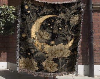 Celestial Gothic Tapestry with Flowers; Dark Romantic Floral Woven Blanket with Crescent