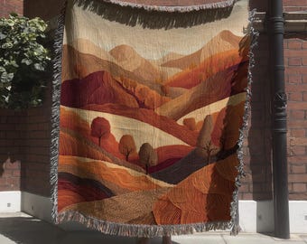 Abstract Mountain Landscape Tapestry; Earthy Rolling Hills Woven Blanket