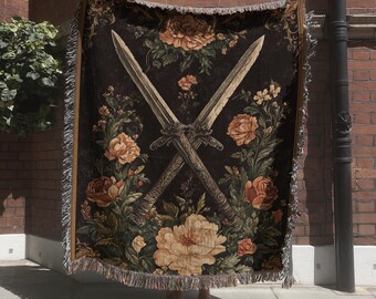 Middle Earth Tapestry Wall Art, Medieval Sword Woven Blanket, Fantasy Tapestry, Floral Renaissance Wall Hanging, Heraldic Knight Throw