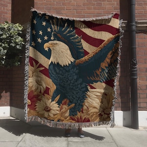Rustic American Eagle Woven Blanket; Patriotic Tapestry with American Flag