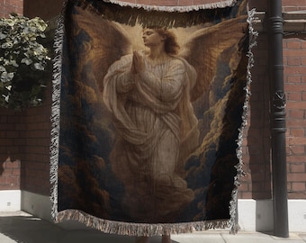 Renaissance Angel Woven Blanket; Antique Sacred Tapestry for Religous Wall Decor