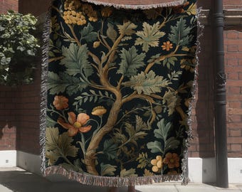 Green Floral Woodland Tapestry, Enchanted Forest Woven Blanket, Botanical Leaf Wall Hanging, Greenery Woven Throw, Dark Moody Textile Art