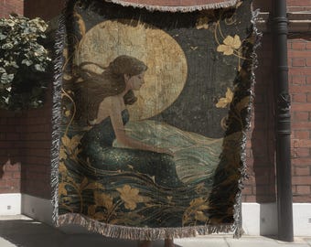 Moonlit Mermaid Woven Blanket; Coastal Fantasy Tapestry with Ocean Scene