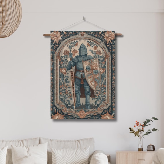 Medieval Knight Woven Wall Tapestry with Rod Pocket: Floral Historical Ornate Wall Hanging