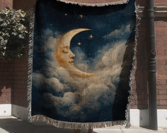 Dreamy Poetic Night Sky Tapestry, Mystical Moon and Clouds Woven Blanket,