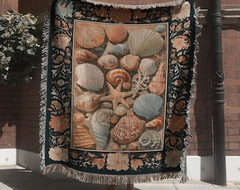 Ocean Seashell Woven Blanket; Coastal Seaside Tapestry with Shells and Starfish