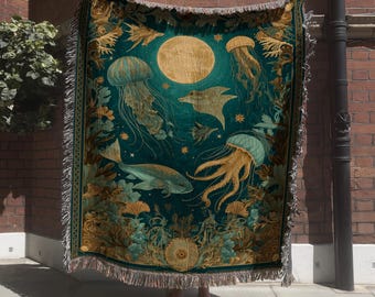 Celestial Sea Animals Woven Blanket; Underwater Ocean Tapestry with Moon