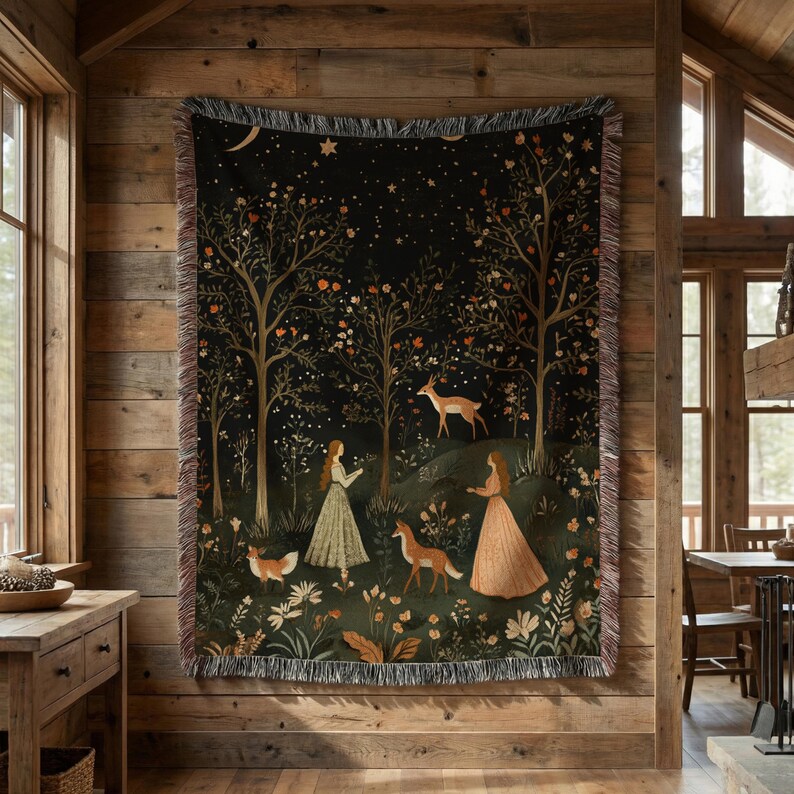 Forest Tapestry Woven Blanket, Enchanted Folk Art Throw, Magical Fairy Tale Home Decor, Ethereal Woodland Wall Hanging, Mythical Nature afbeelding 6