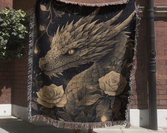 Medieval Dragon Blanket, Fantasy Wall Tapestry for Dragonlovers, Fairytale Inspired Mythical  Creature Woven Wall Hanging, Gothic Home Decor