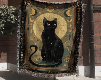 Mystical Black Cat Moon Tapestry; Celestial Animal Woven Blanket