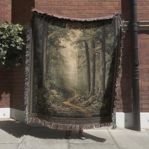 Enchanted Forest Tapestry Blanket, Dark Green Woodland Wall Hanging, Dark Woods Greenery Woven Throw, Whimsical Nature Inspired Tapestry