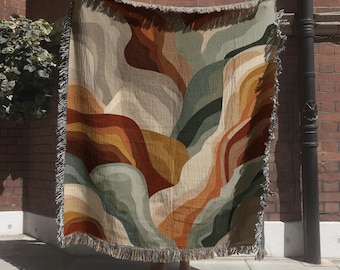 Modern Abstract Woven Blanket with Earthy Tones; Geometric Art Deco Tapestry