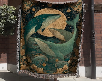 Ocean Waves Whale Tapestry with Moon; Celestial Sea Life Woven Blanket
