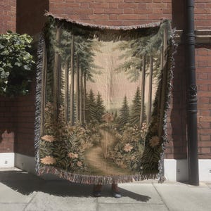 French Verdure Wall Tapestry, Woodland Landscape Woven Blanket, Vintage Enchanted Forest & Chateau Wall Hanging, Medieval Tapestry, Sunset