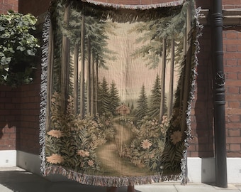 French Verdure Wall Tapestry, Woodland Landscape Woven Blanket, Vintage Enchanted Forest & Chateau Wall Hanging, Medieval Tapestry, Sunset