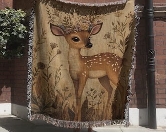 Cute Deer Woven Blanket, Floral Woodland Animal Tapestry, Boho Nursery Wall Hanging, Cozy Kids Room Decor, Bohemian Throw Blanket