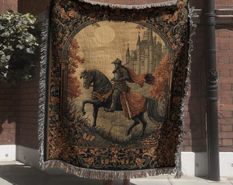Fantasy Knight Woven Blanket with Medieval Castle; Armor on Horseback Tapestry
