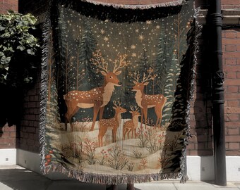 Vintage Reindeer Family Tapestry, Christmas Tree Snowflakes Winter Woven Blanket, Folk Art Holiday Wall Hanging, Cozy Cabin Throw,