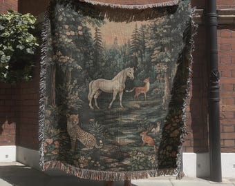 Fantasy Forest Tapestry, Medieval Nature Woven Wall Hanging, Enchanted Forest Large Wall Tapestry, Floral Woodland Horse Woven Throw Blanket