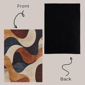 Pu&ograve; includere: Un tappeto rettangolare con un design astratto con forme fluide nei toni del marrone, beige e blu navy. Il retro del tappeto &egrave; nero pieno. Le parole "Front" e "Back" sono scritte sull'immagine.