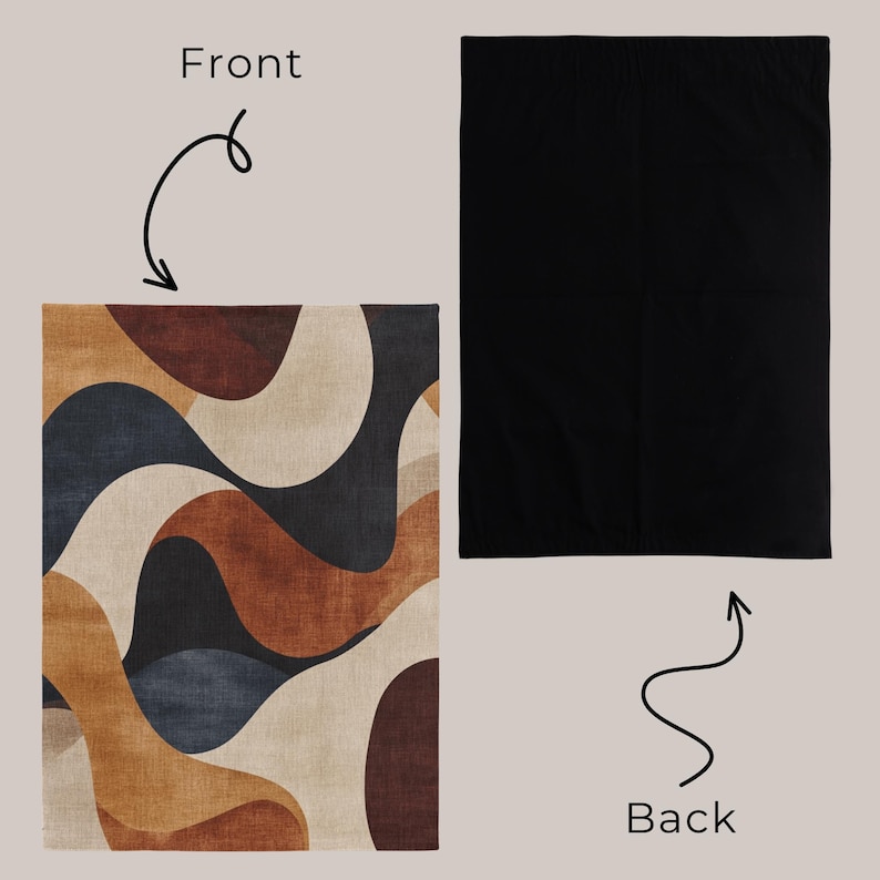 Pu&ograve; includere: Un tappeto rettangolare con un design astratto con forme fluide nei toni del marrone, beige e blu navy. Il retro del tappeto &egrave; nero pieno. Le parole "Front" e "Back" sono scritte sull'immagine.