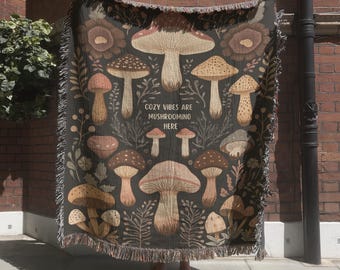 Mushroom Fungi Woven Blanket, Cottagecore Decor Tapestry Gift for Mushroom Lovers Birthday, Forestcore Hand Woven Mushroom Wall Hanging