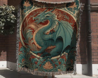 Medieval Dragon Symbol Woven Blanket; Gothic Castle Tapesty with Mythical Creature