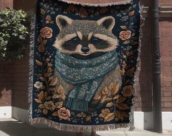Whimsical Raccoon with Scarf Tapestry, Cute Forest Animal Woven Blanket, Woodland Tapestry with Floral Accent, Cozy Autumn Home Decor