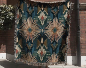 Vintage Art Deco Sunburst Tapestry; Navy and Beige Chevron Pattern Woven Blanket