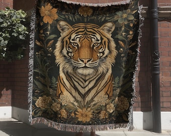 Floral Tiger Woven Blanket, Jungle Wild Animal Tapestry, Vintage Wildlife Wall Hanging, Safari Theme Throw Blanket, Nature Inspired Decor