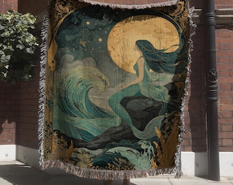 Celestial Ocean Tapestry with Mermaid; Fantasy Sea Life Woven Blanket with Moon