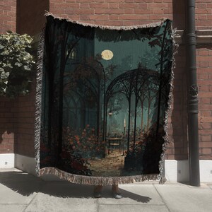 Romantic Gothic Garden Tapestry with Full Moon; Haunted Forest Woven Blanket