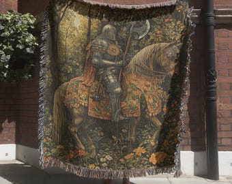 Knight Medieval Tapestry, Historical Vintage Tapestries, Knight Horse Woven Blanket, Renaissance Wall Decor Gift, Floral Medieval Wall art