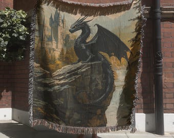 Medieval Dragon Blanket, Fantasy Wall Tapestry for Dragonlovers, Castlecore Inspired Woven Wall Hanging, Gothic Home Decor Mythical Creature