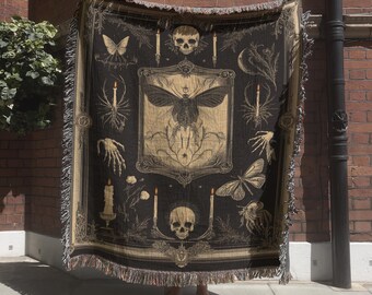Gothic and Skull Woven Throw Blanket, Skeleton and Candle Tapesty, Dark Home Decor for Gothic Wedding, Whimsigoth Moody Moth Wall Hanging