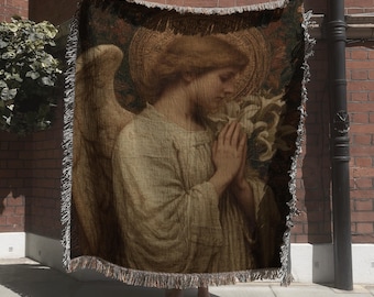 Praying Angel Woven Blanket; Religous Tapestry with Guardian Angel for Christian Home Decor