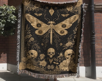 Gothic moth woven tapestry blanket with skull and floral design, Dark Witchy Wall Hanging, Halloween Blanket, Whimsigoth & Occult Home Decor