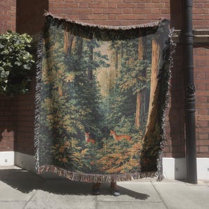 Enchanted Forest Tapestry Blanket, Nature Tapestry, Lush Forest Woven Throw Blanket, Greenery Decor, Green Woods Wall Hanging, 100% Cotton