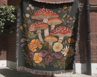 Botanical Mushroom Blanket, Hand Woven Fungi Tapestry Gift for Mushroom Lovers, Maximalist Decor Red Mushrooms Wall Hanging, Forestcore Gift