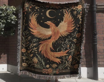Celestial Phoenix Woven Blanket, Mystic Bird of Fire Tapestry, Fantasy Medieval Style Home Decor, Mythical Creature Throw, Fairytale Decor
