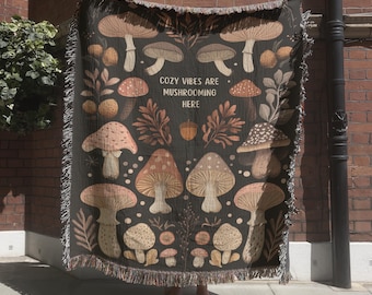 Fungi Mushroom Blanket, Forestcore Woven Tapestry Gift for Mushroom Lovers, Nature Inspired Cottagecore Wall Hanging, Home Decor Fungi Gifts