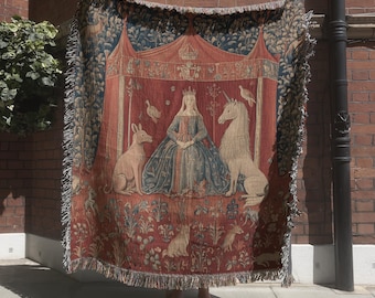 Medieval Unicorn Tapestry, Unicorn Woven Throw Blanket, Lady and the Unicorn, Renaissance Fair Decor, Medieval Home Decor, Unicorn Art
