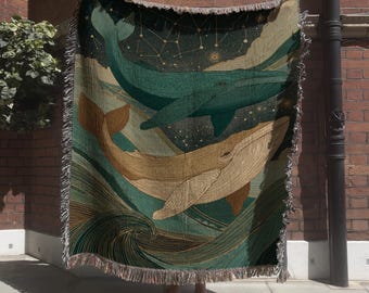 Celestial Whales Tapestry with Constellation; Sea Animal Under Starry Sky Woven Blanket